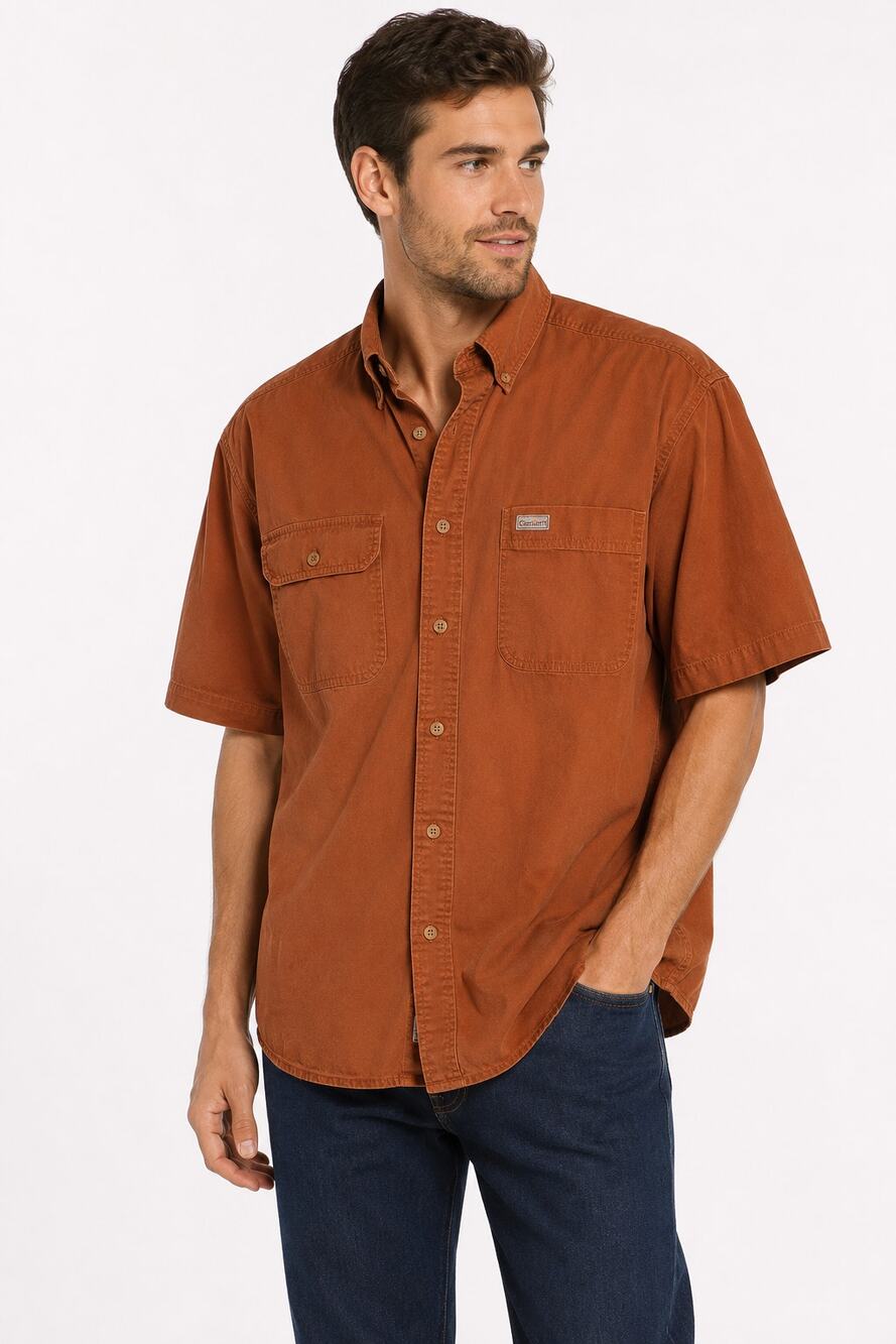 S201 Carhartt Mens XL Short Sleeve Button Front Shirt Brown Cotton Workwear
